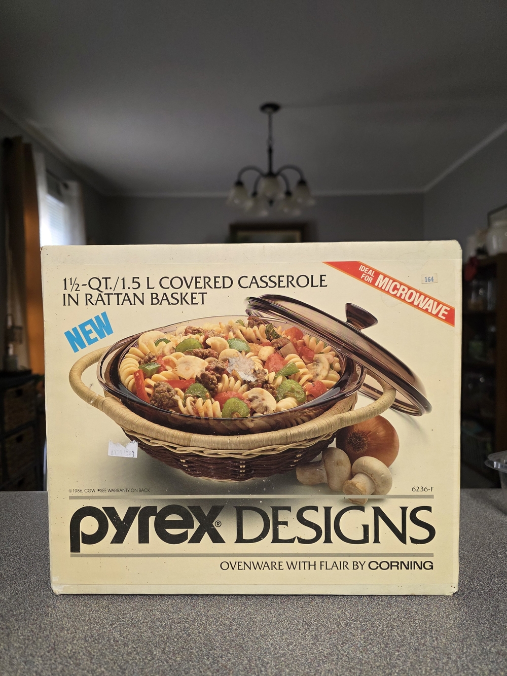 Vintage Pyrex Designs 1.5 QT Covered Casserole w/ Rattan Basket — NIB